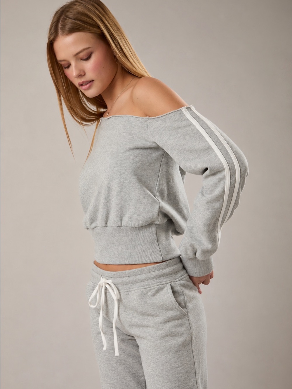 Le Lis Gray One Shoulder Cropped Sweatshirt White Stripe Cotton Top NWT